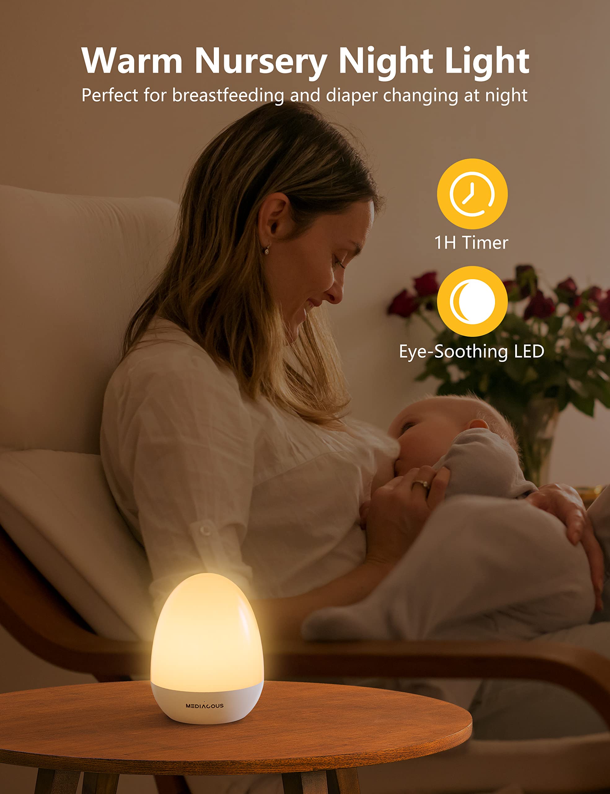 MediAcous night light with stable charging base to prevent tipping.