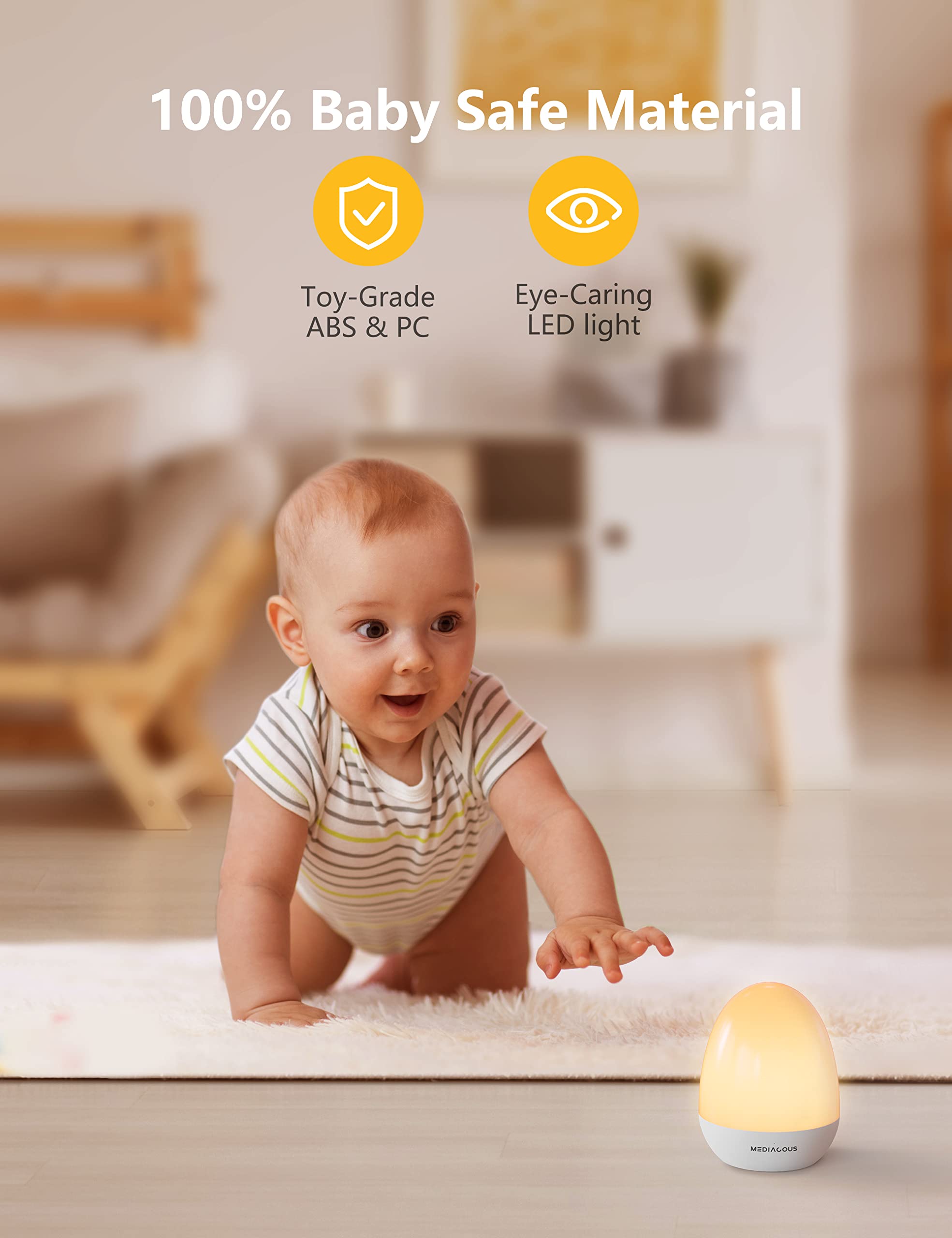 MediAcous night light on top touch control showing stepless dimming.