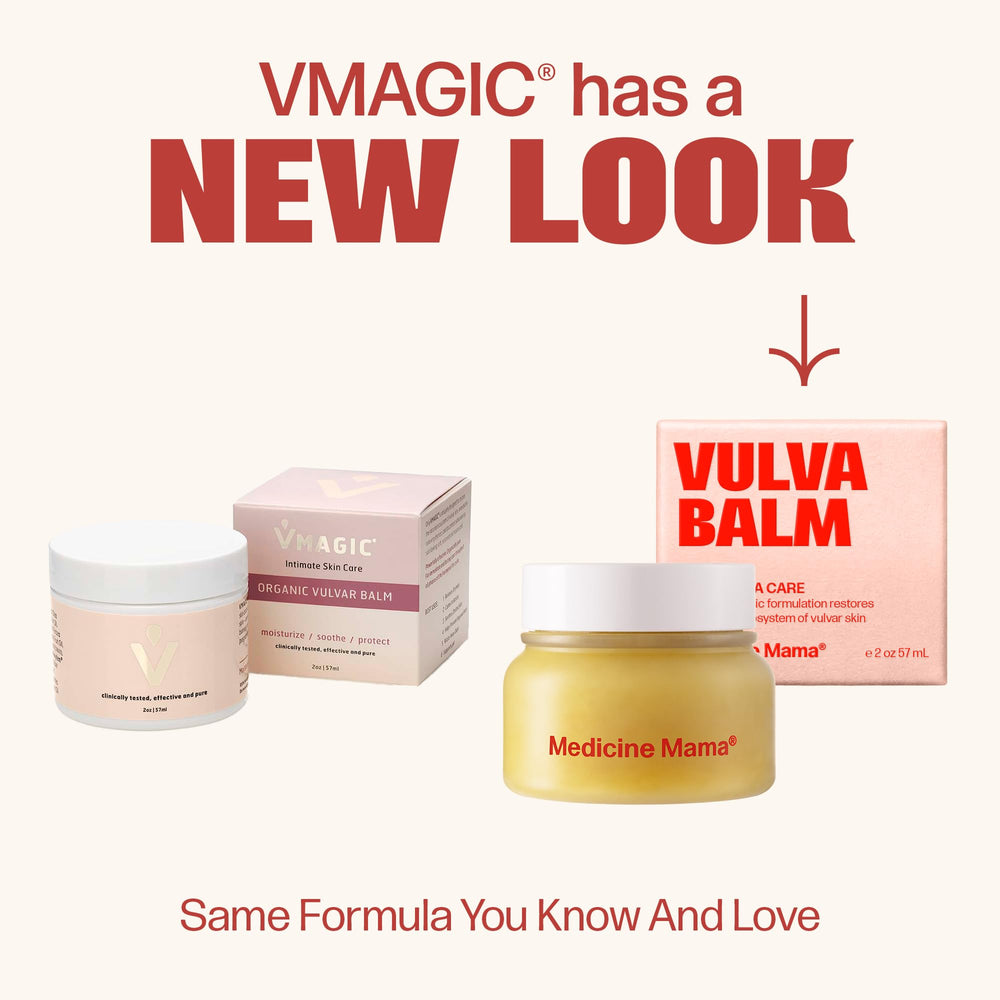 Medicine Mama's VMAGIC balm being applied externally to the vulva area for comfort.