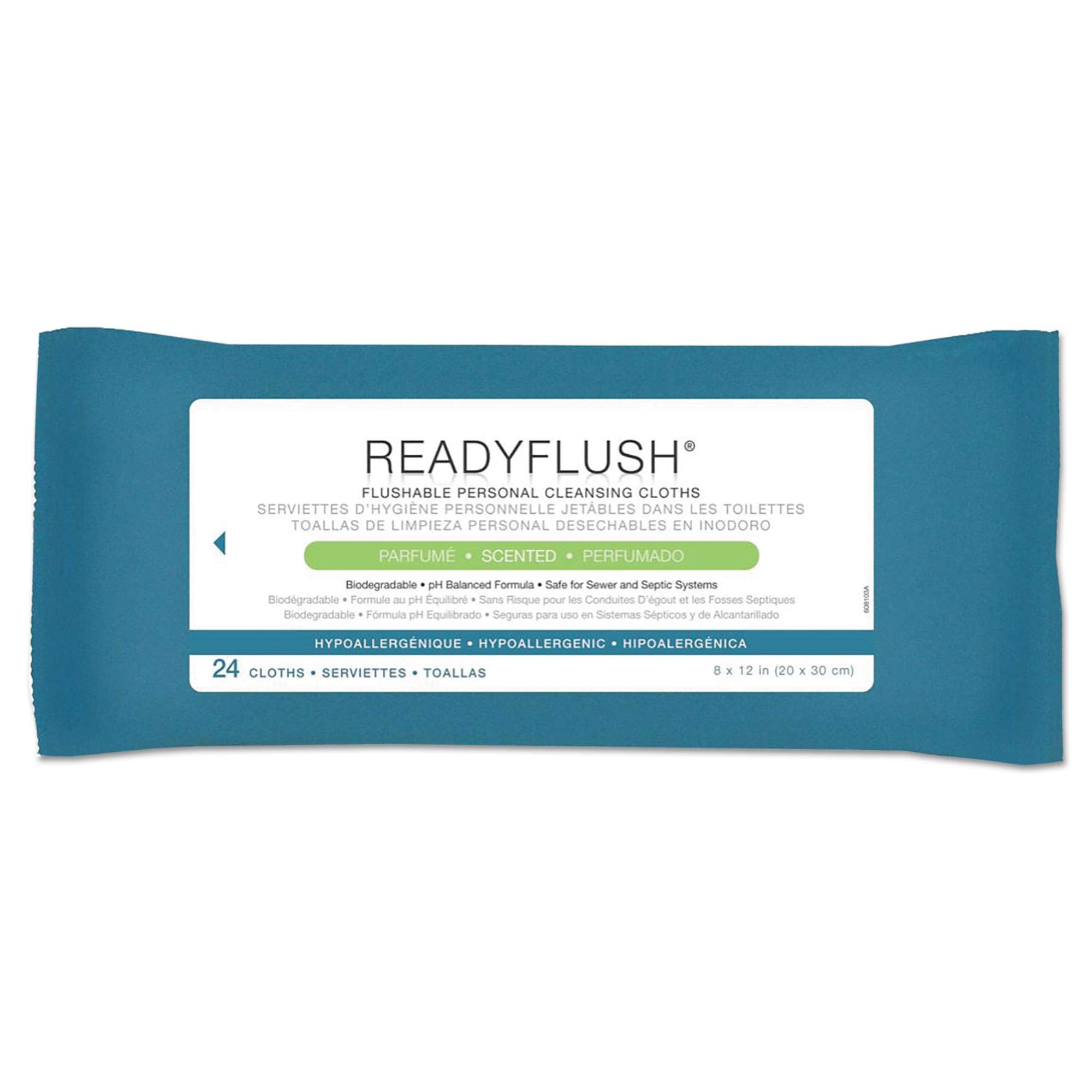 Medline ReadyFlush biodegradable wipes pack for on-the-go cleansing and easy disposal.