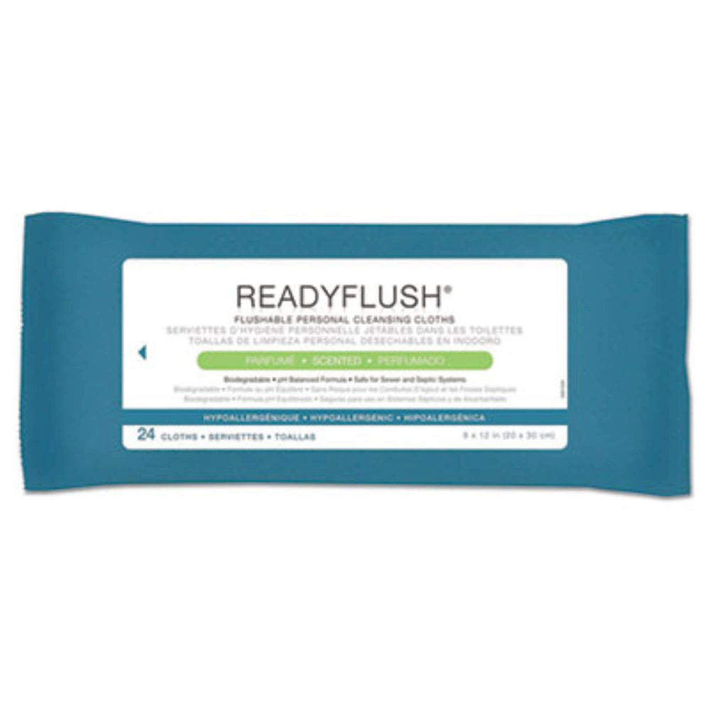 Medline ReadyFlush wipes application shows gentle perineal cleansing with skin-friendly formula.
