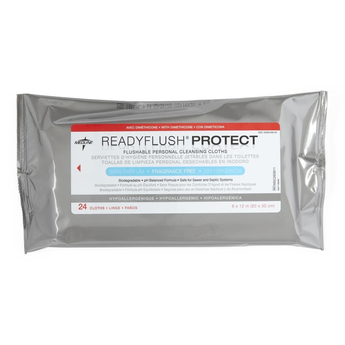 Medline ReadyFlush wipes pack front view for quick, flushable cleansing.