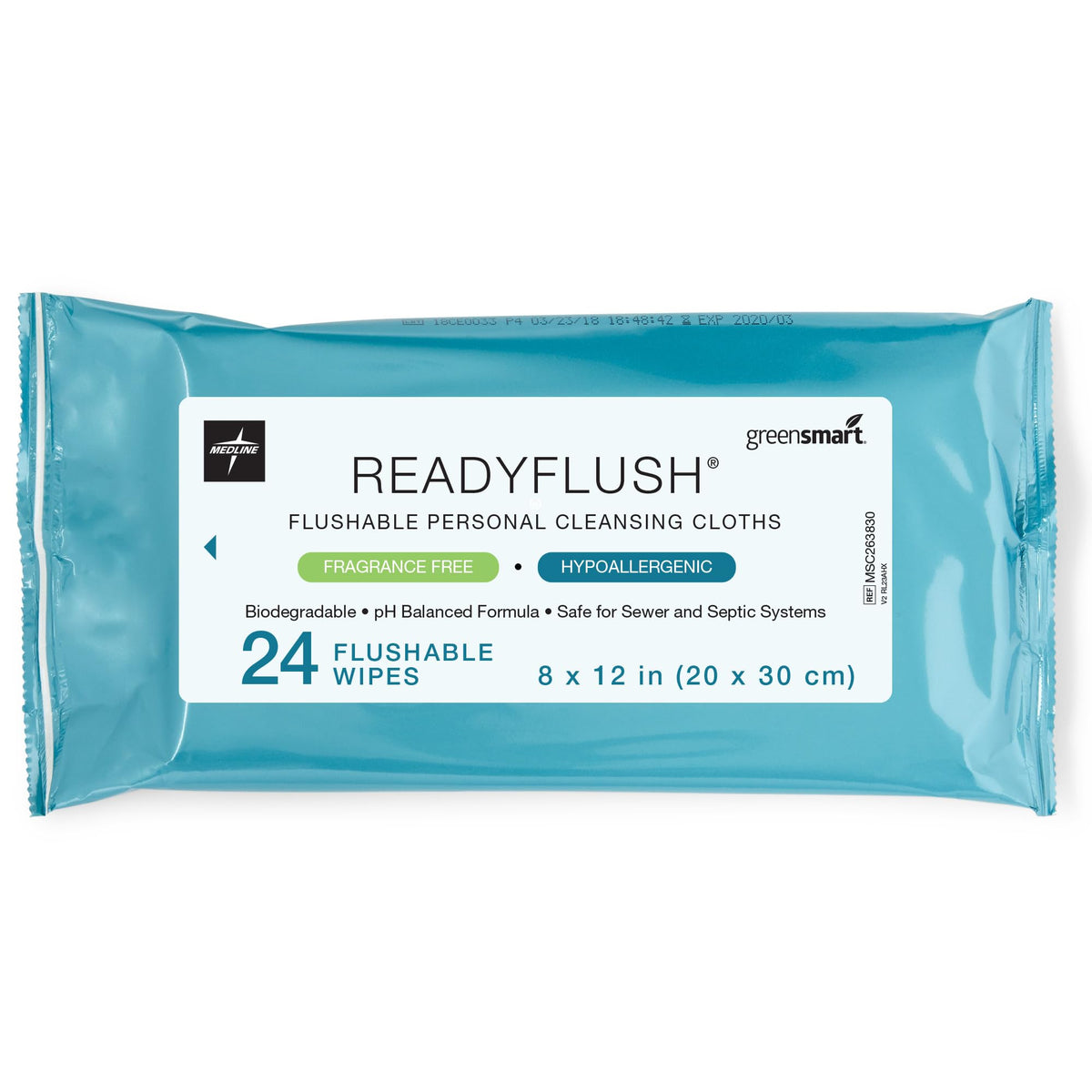 Medline ReadyFlush wipes pack shown with resealable lid for on-the-go care.