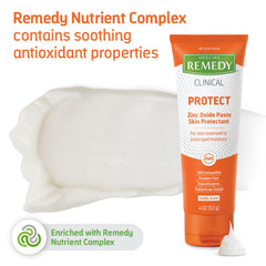Diaper area care with zinc oxide paste protective barrier.