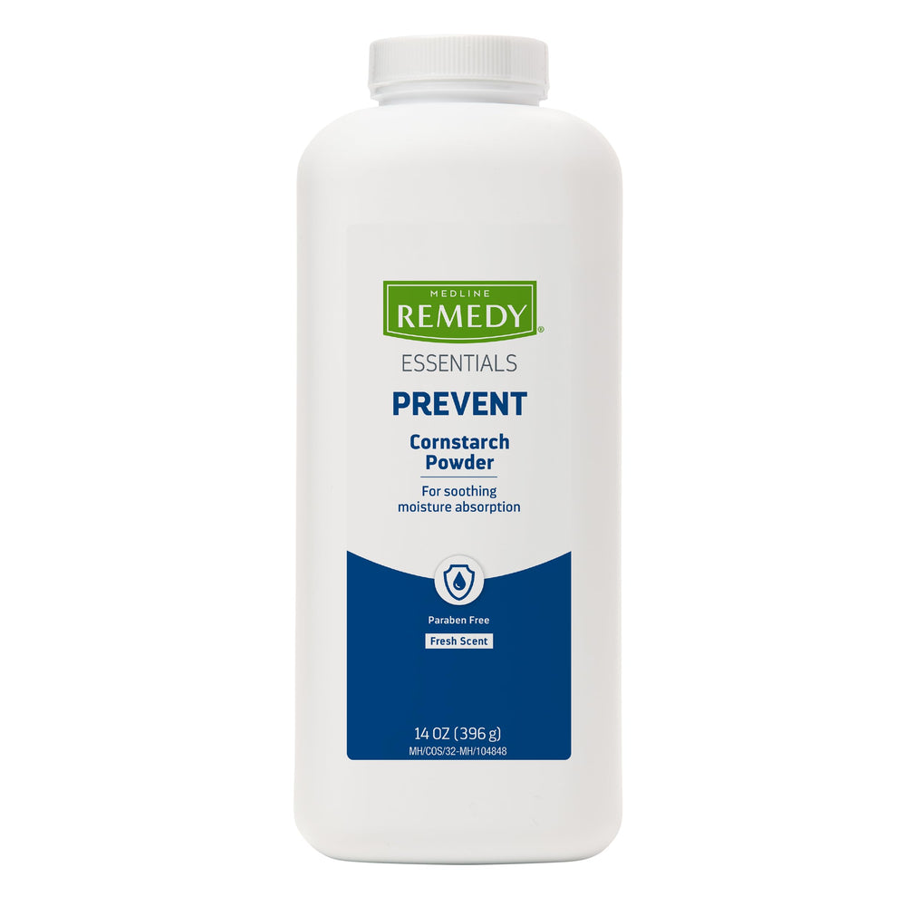 Medline Remedy Essentials Cornstarch Powder bottle for quick moisture absorption.
