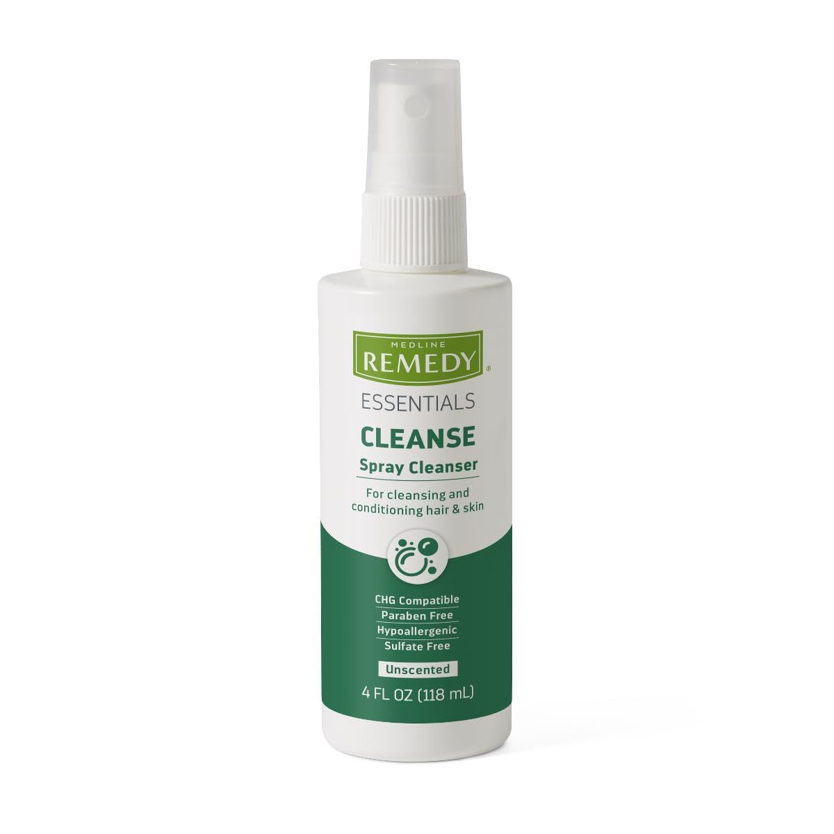 Medline Remedy Essentials no-rinse cleanser bottle for gentle, unscented patient cleansing.