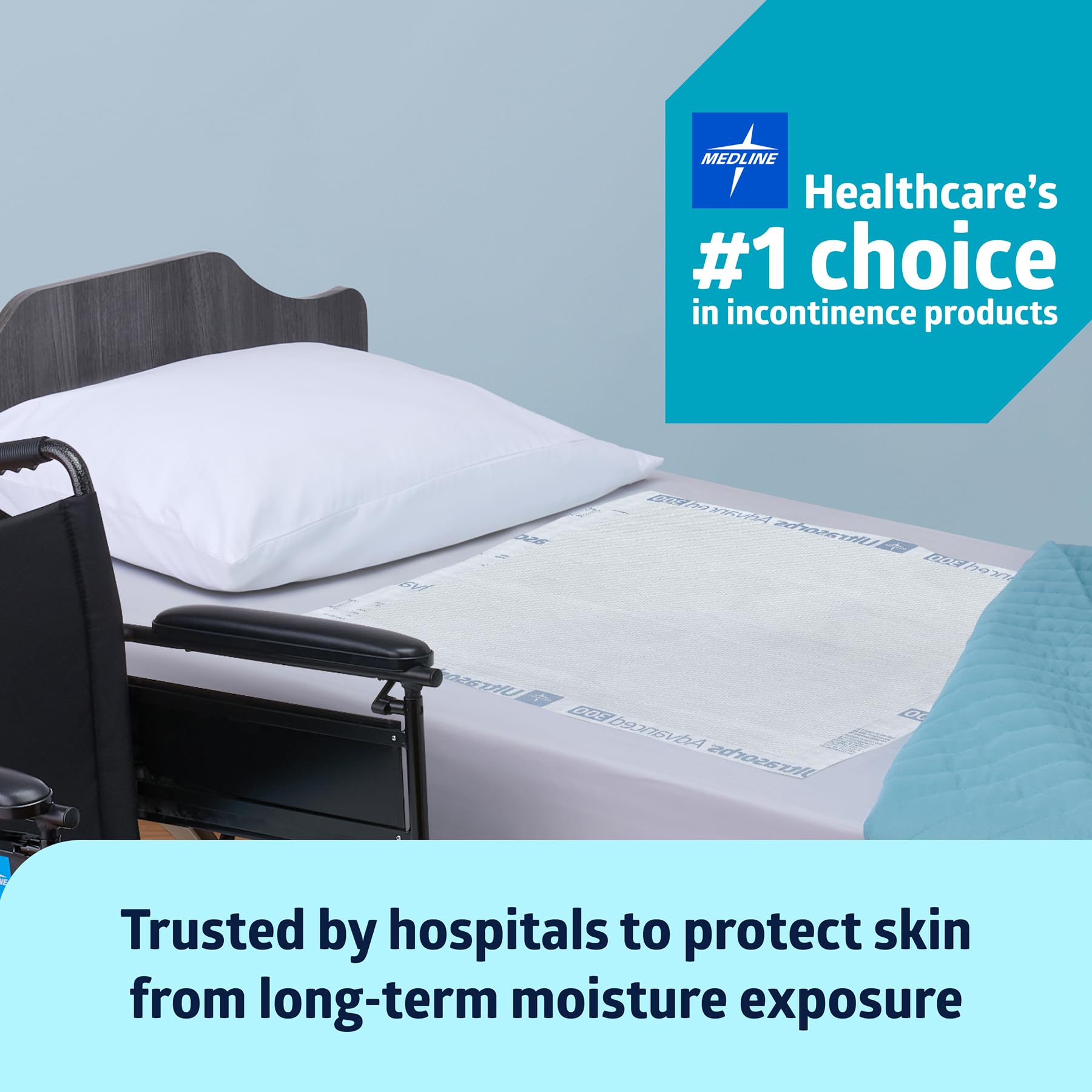 Medline Ultrasorbs bed pad in use on a bed provides wide coverage.