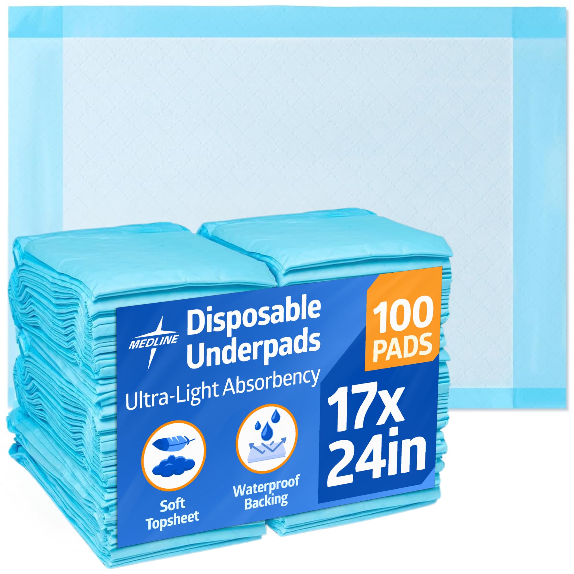 Medline underpad 17x24 flat top view shows quick absorption and surface protection.