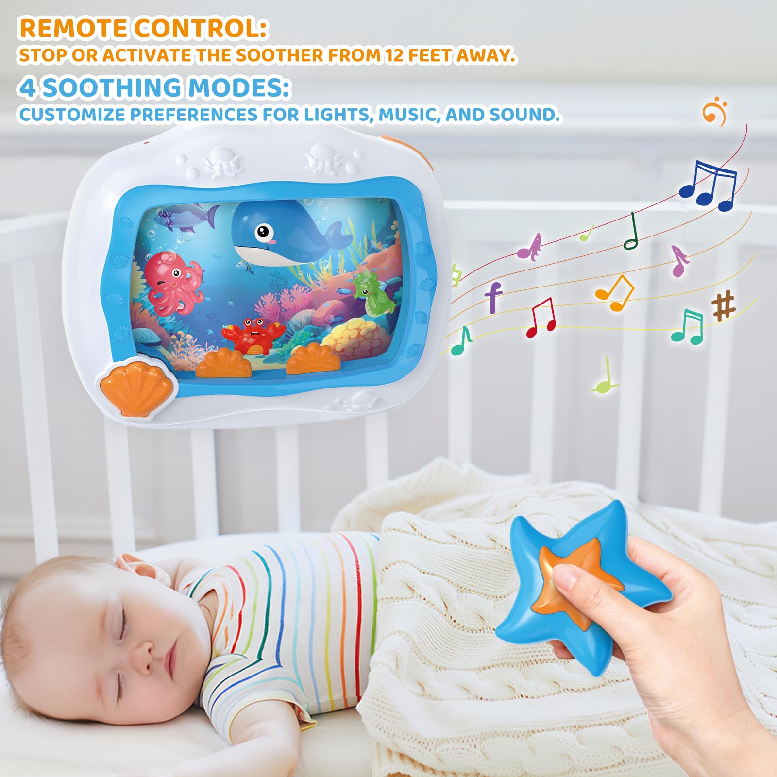 MEDMHSMA musical toy sea creatures features bright colors to support visual tracking.