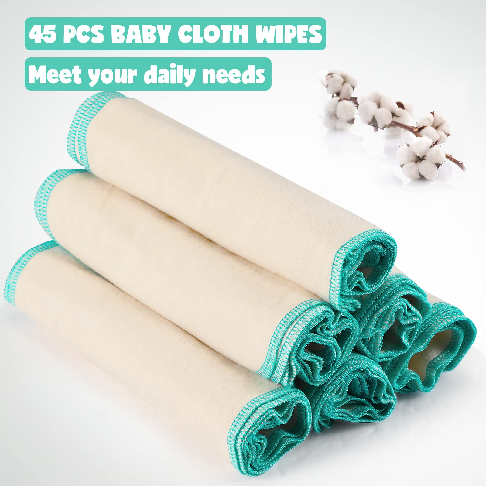 Meekoo unbleached flannel wipes with blue stitching for durable, quick-drying use