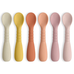 ME.FAN silicone baby feeding spoons in a 6-pack for easy self-feeding practice.