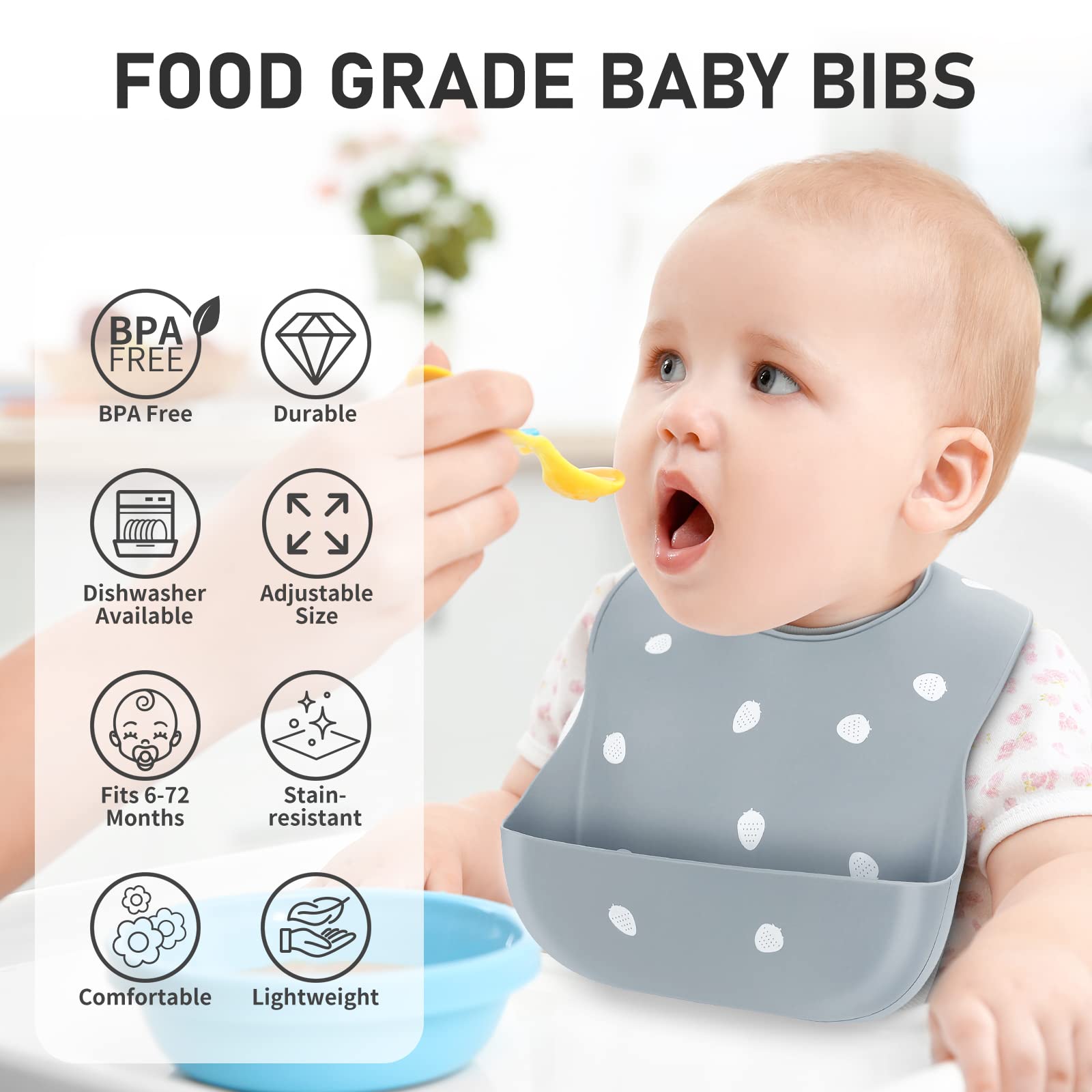ME.FAN silicone bib with adjustable neck snaps for a secure fit.