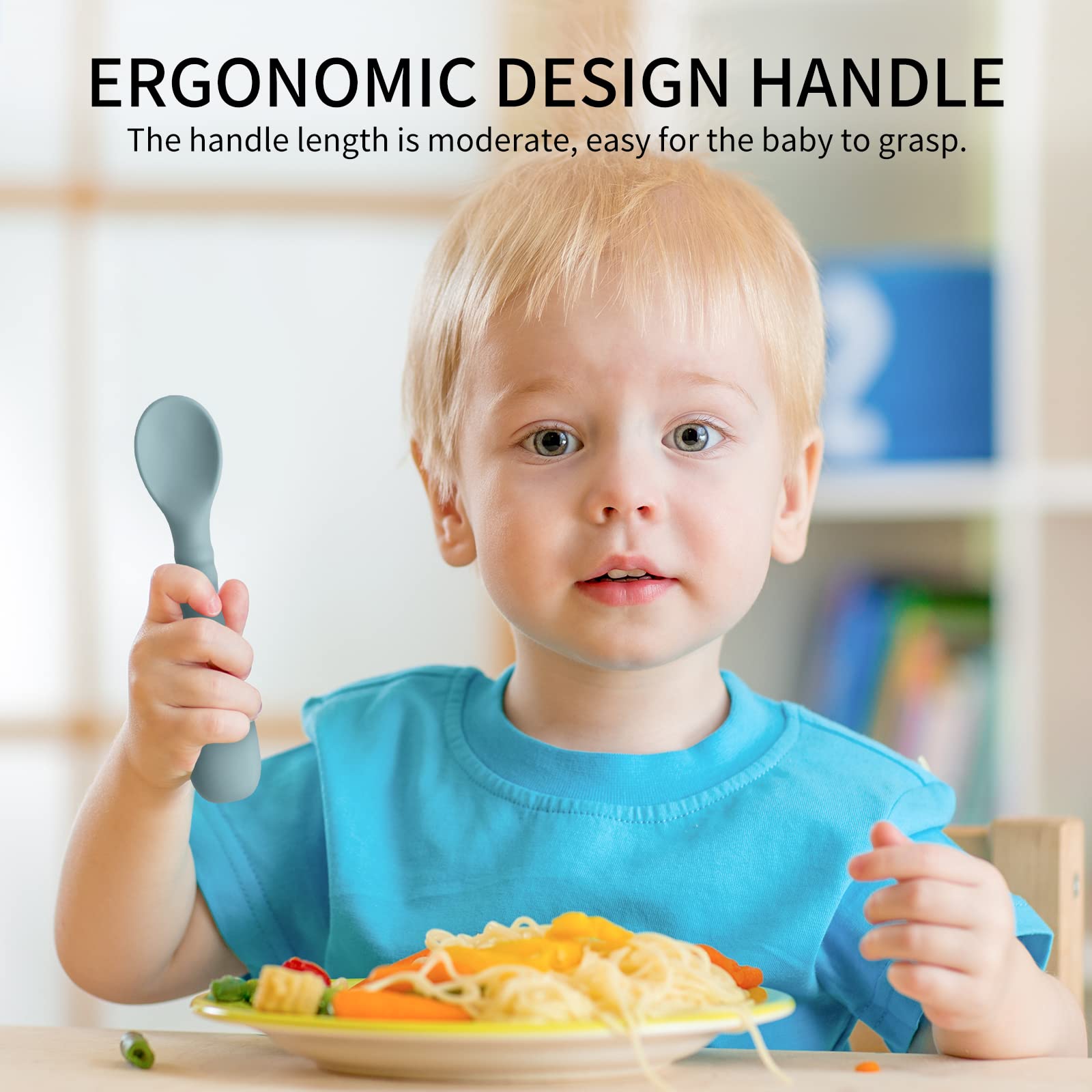 Soft ME.FAN silicone spoon heads are gentle on gums during meals.