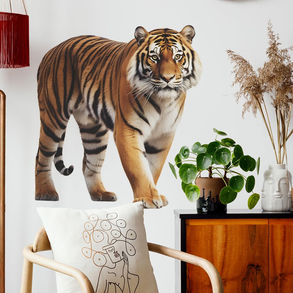 MEFOSS tiger wall decal closeup shows watercolor vinyl for a lifelike vibe in kids’ rooms.