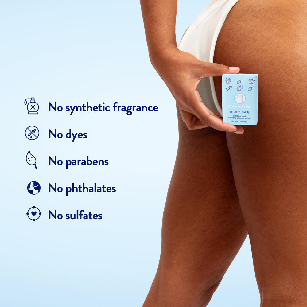 Megababe Bidet Bar botanical formula with shea butter and calendula for skin comfort.