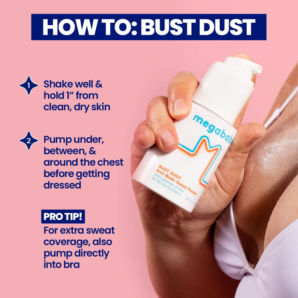 Megababe Bust Dust packaging 3 oz size for easy travel