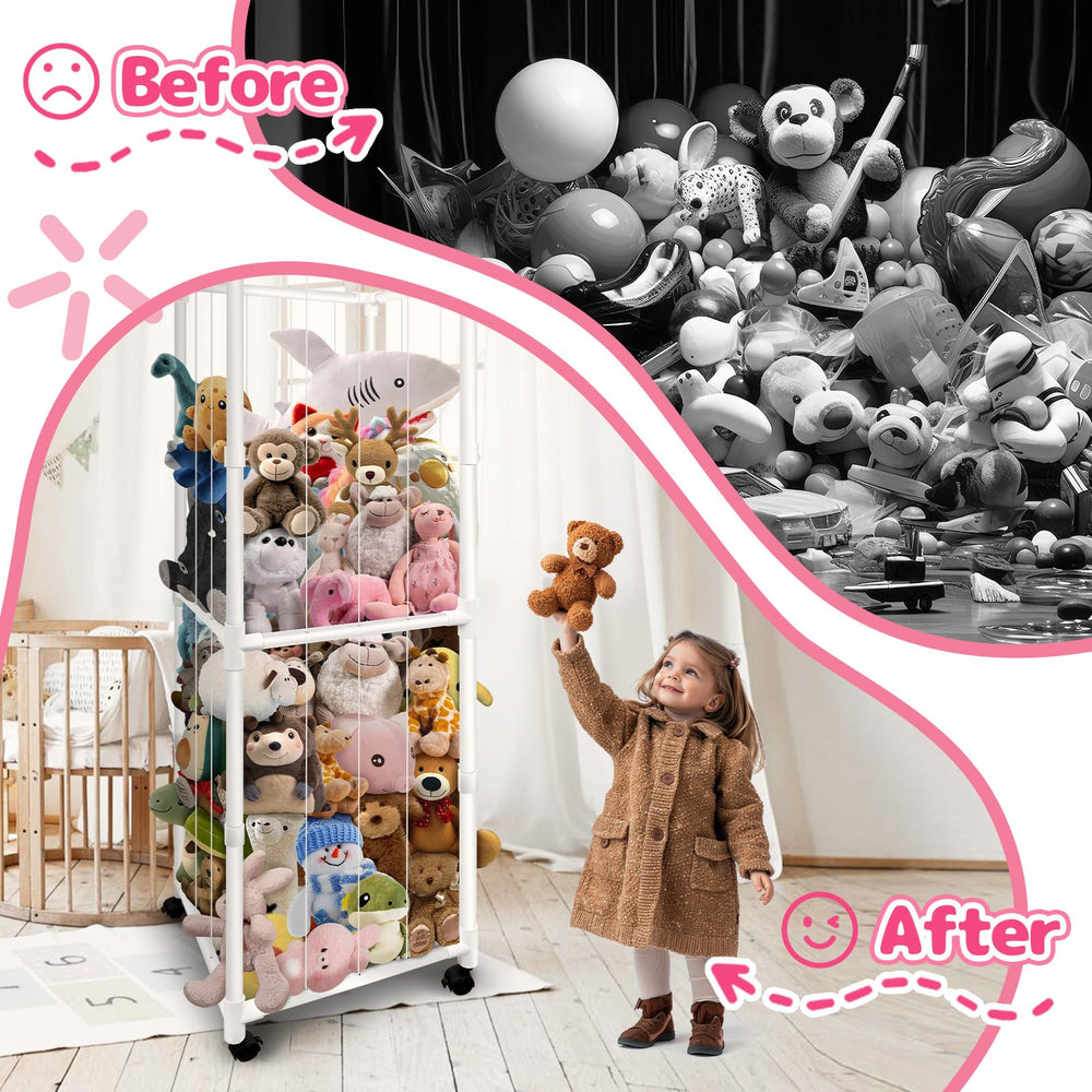 Megapuxin storage features a mesh bottom to keep toys secure during movement