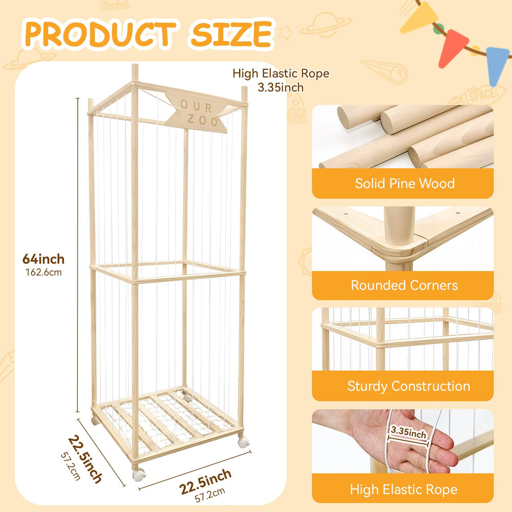 Megapuxin wooden plush holder with elastic band for easy toy access.