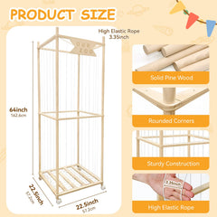 Megapuxin wooden plush holder with elastic band for easy toy access.
