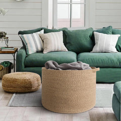 MEGASKET blanket storage basket keeps throws accessible in the living room.