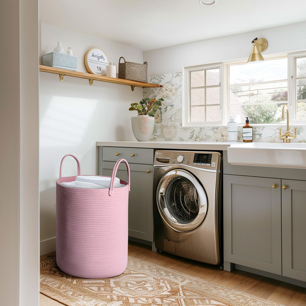 MEGASKET boho pink woven bin adds decor while storing toys