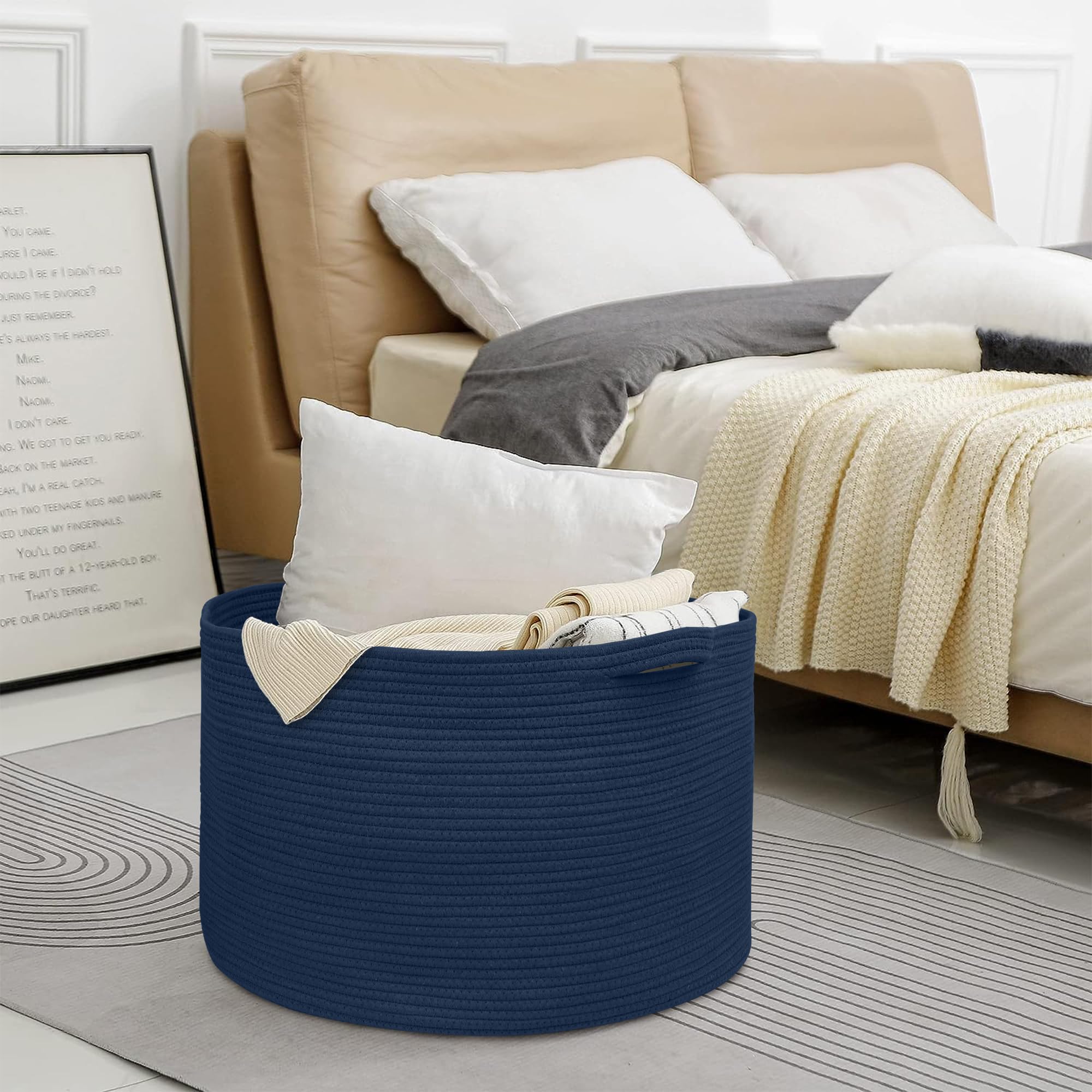 MEGASKET dark blue basket has sturdy handles for easy transport.