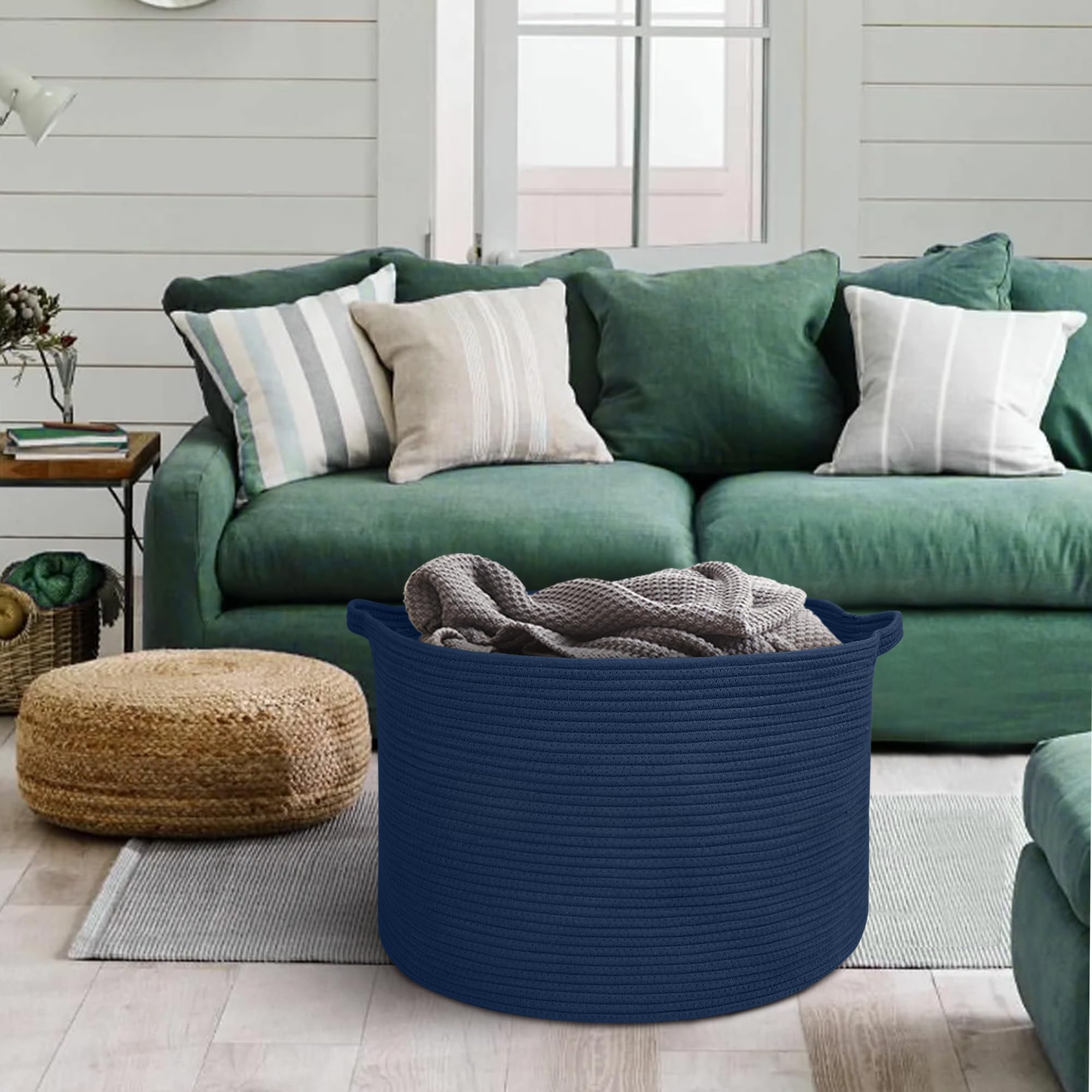 MEGASKET dark blue basket complements neutral decor while storing towels.