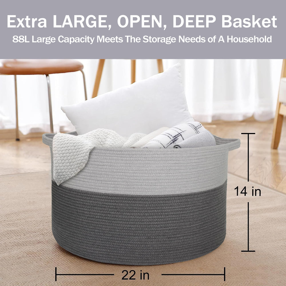 MEGASKET Extra Large Rope Basket in two-tone neutral decor complements living spaces.