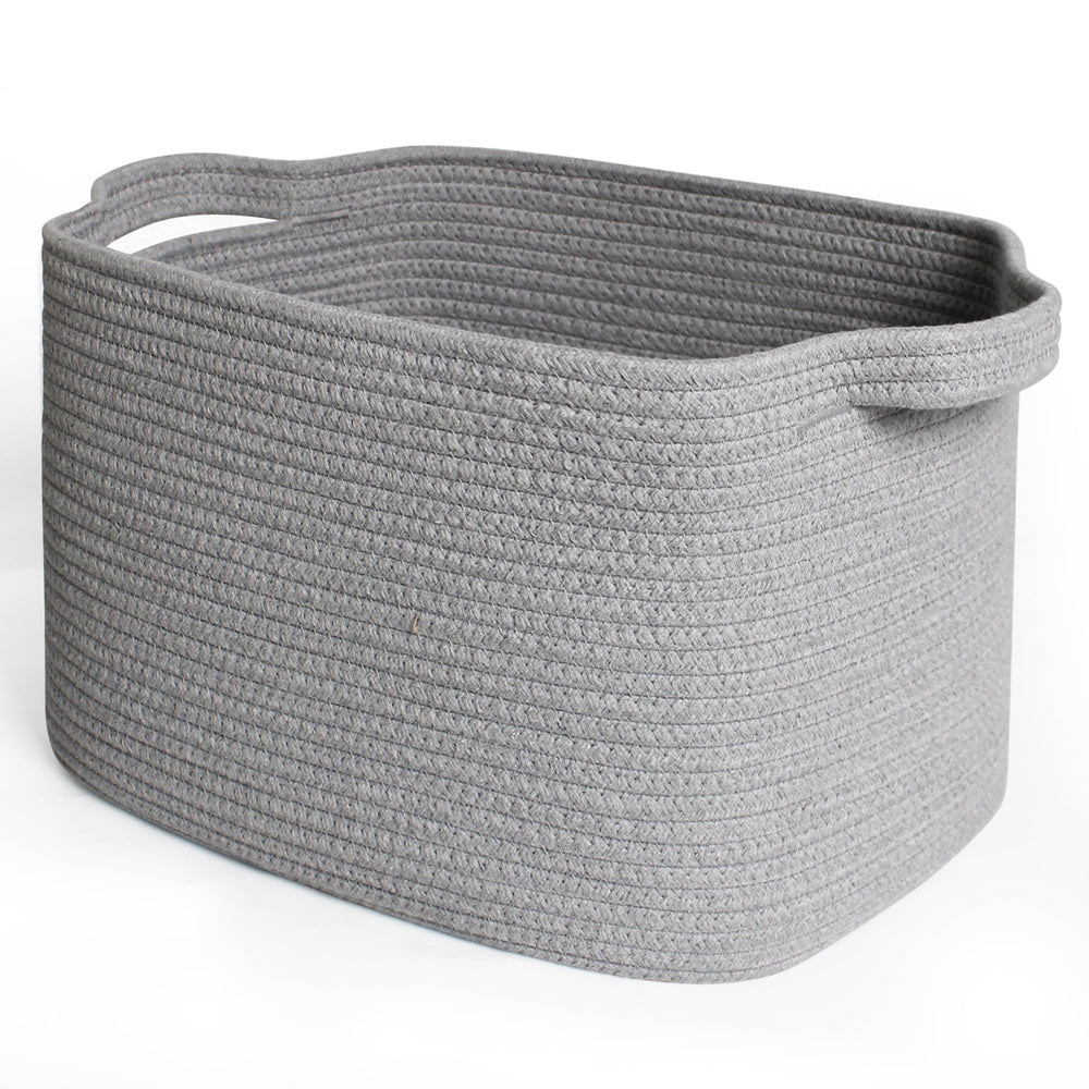 MEGASKET grey woven storage basket front view helps tidy shelves and surfaces