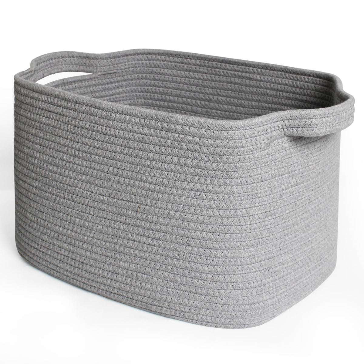 MEGASKET grey woven storage basket front view helps tidy shelves and surfaces