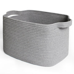 MEGASKET grey woven storage basket front view helps tidy shelves and surfaces