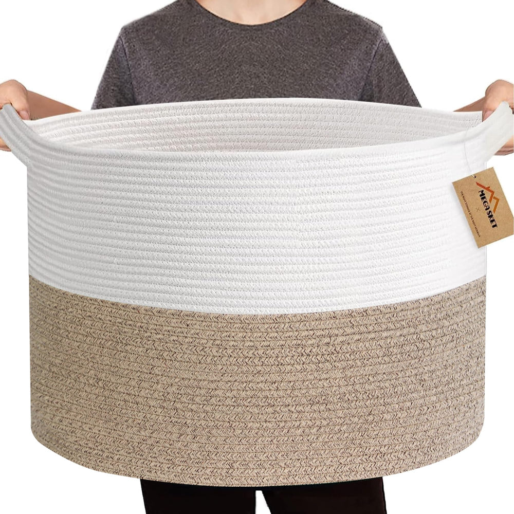 MEGASKET large rope storage basket holds blankets in living room for easy access.