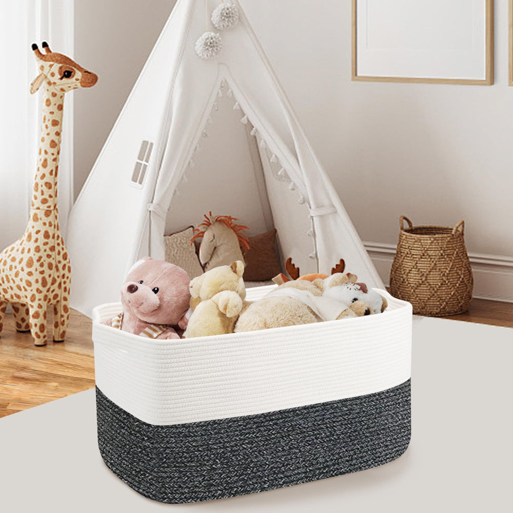 MEGASKET living-room storage bin keeps stuffed animals and blankets neatly together.