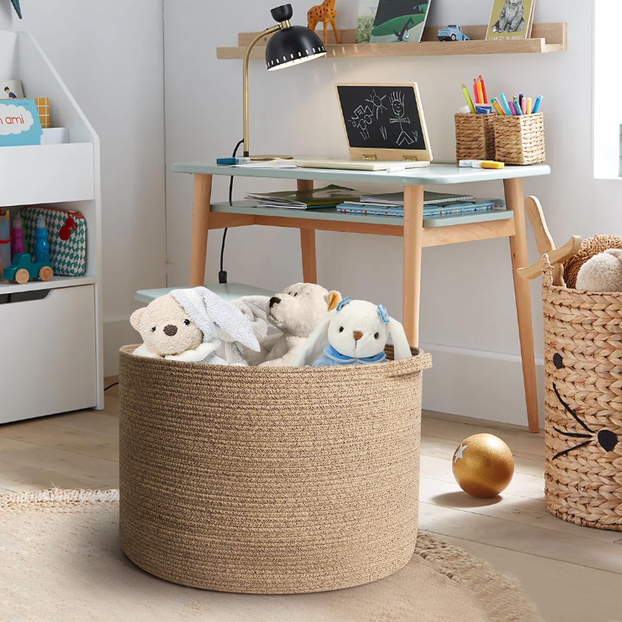 MEGASKET neutral brown variegated wicker blends with various decor.