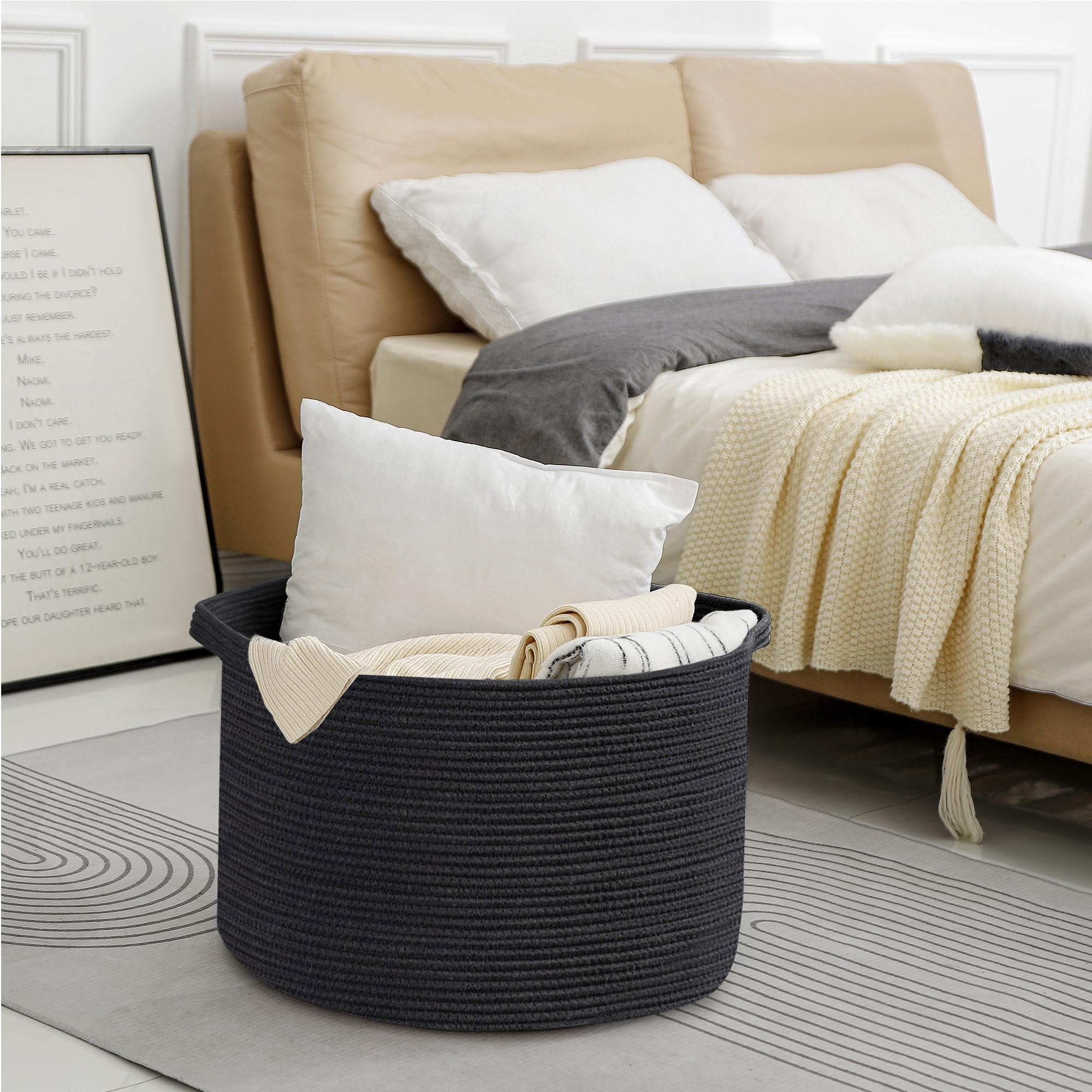 MEGASKET neutral-toned storage bin fits boho, Scandinavian, farmhouse, and modern spaces.