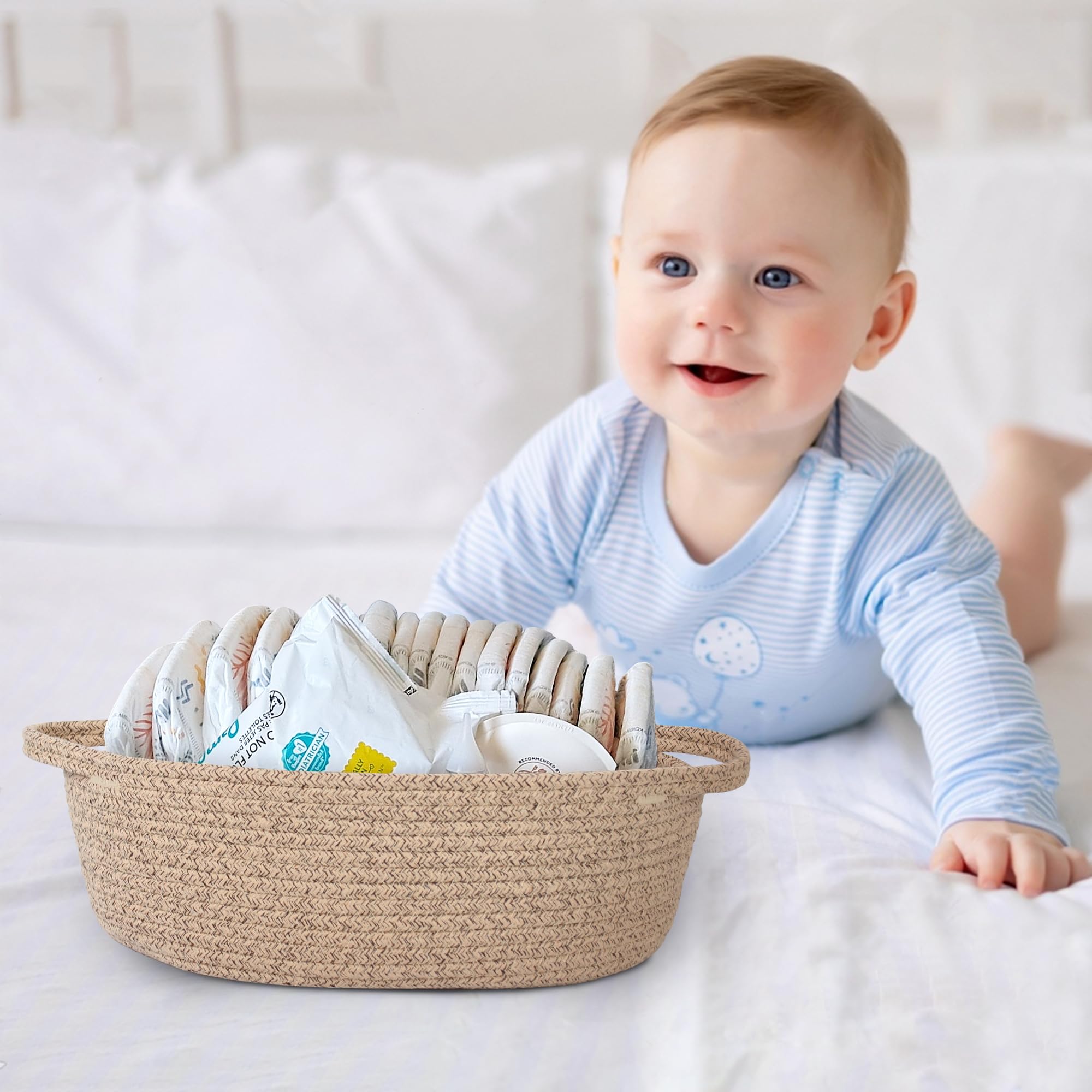 MEGASKET nursery storage basket holds towels and toys neatly.