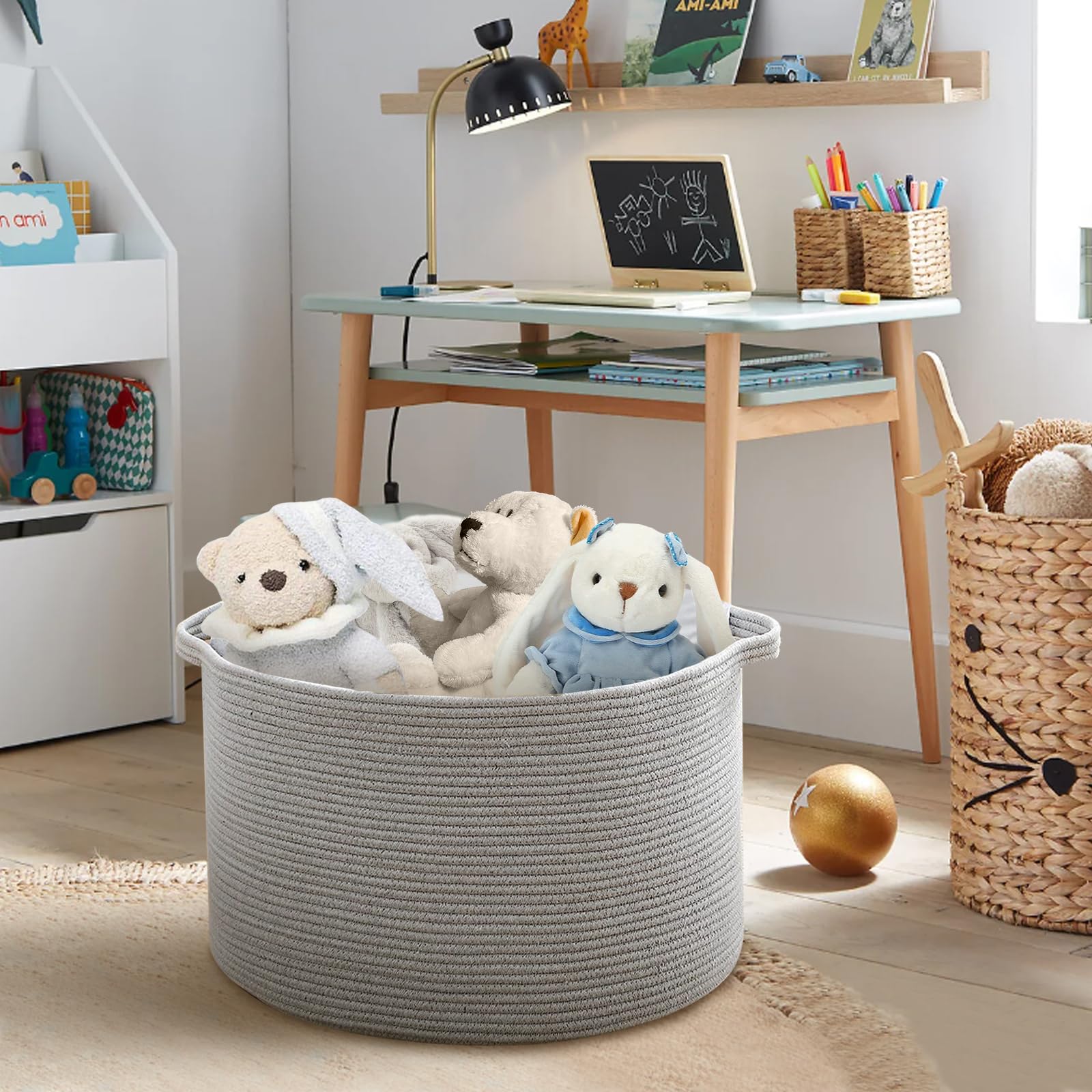 MEGASKET pillow storage basket adds neutral decor while concealing cushions.