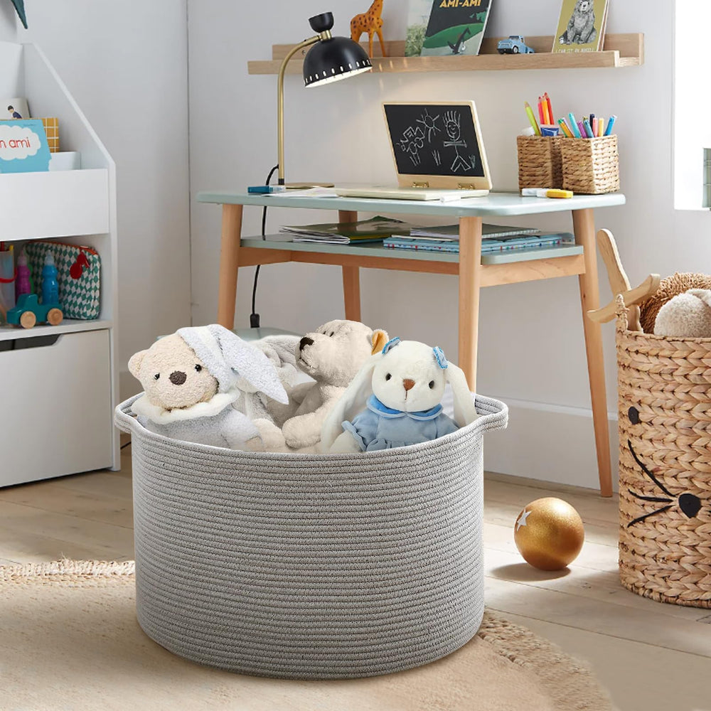 MEGASKET pillow storage basket adds neutral decor while concealing cushions.