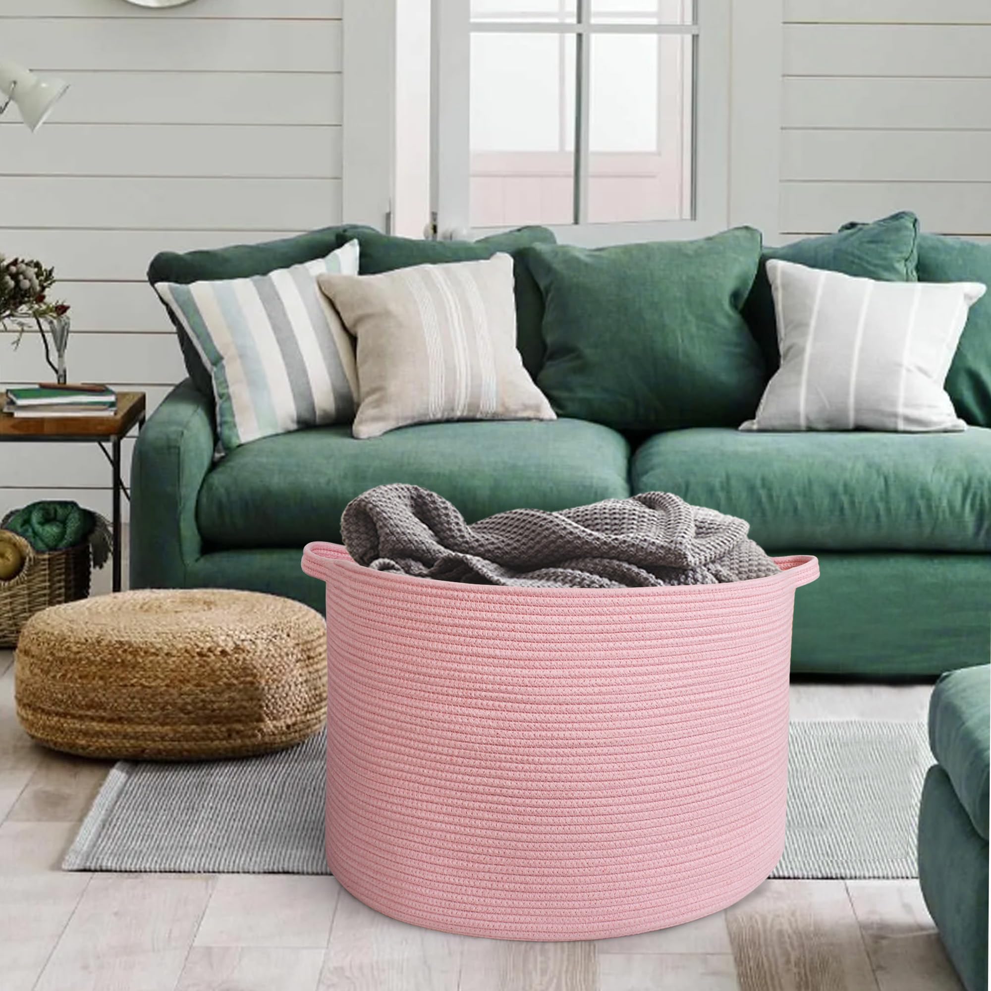 MEGASKET pink basket blends with boho, Scandinavian, or modern decor