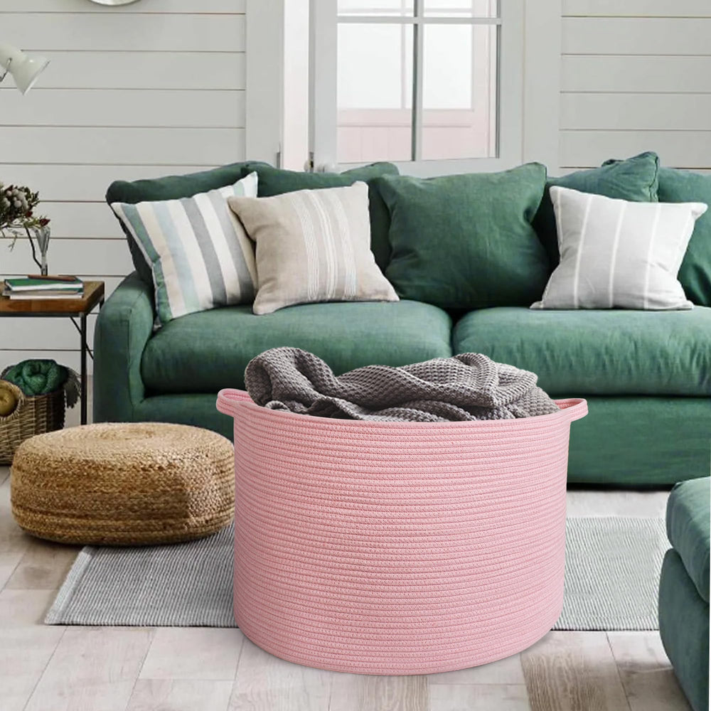 MEGASKET pink basket blends with boho, Scandinavian, or modern decor