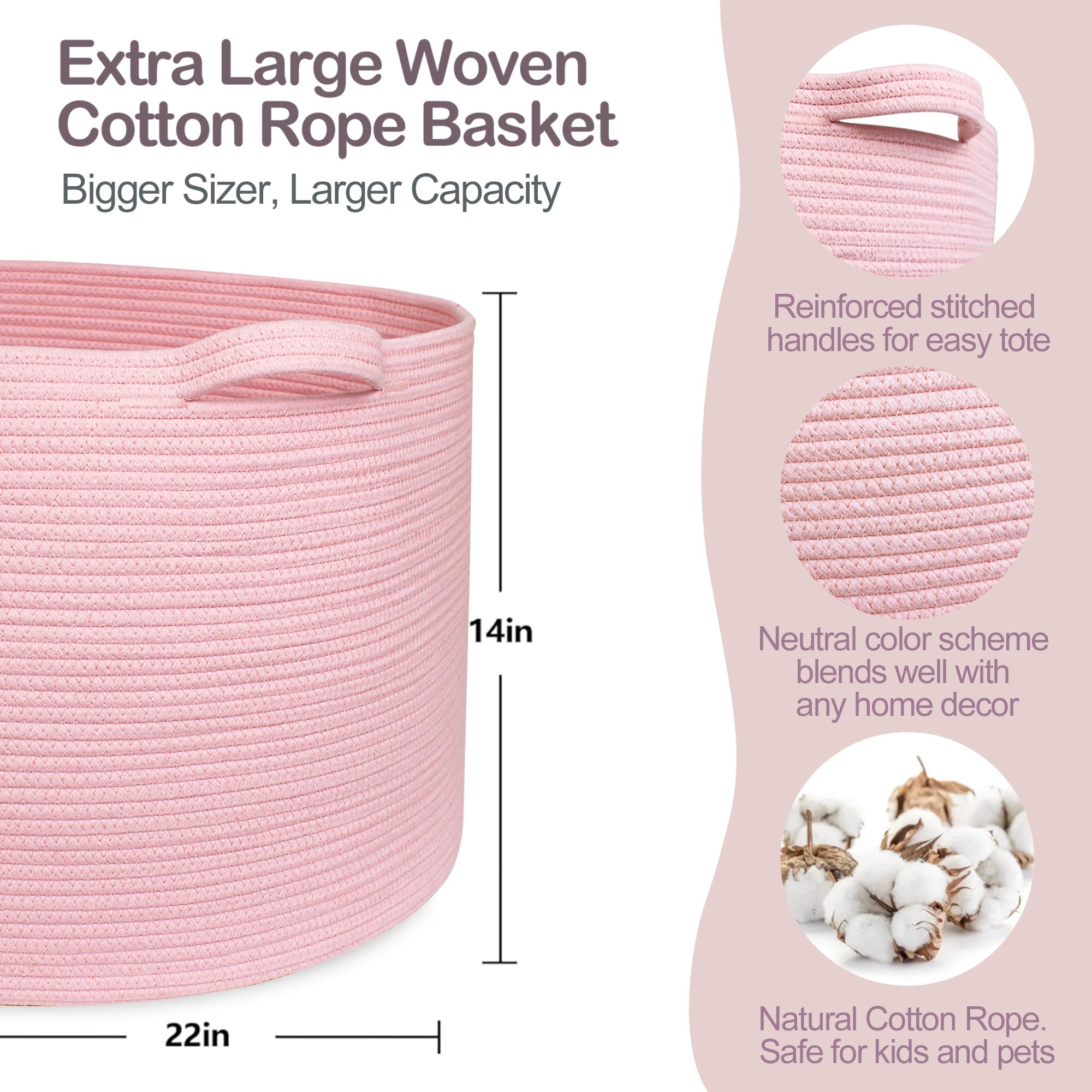 MEGASKET pink rope basket with soft cotton texture for kid-friendly toy storage