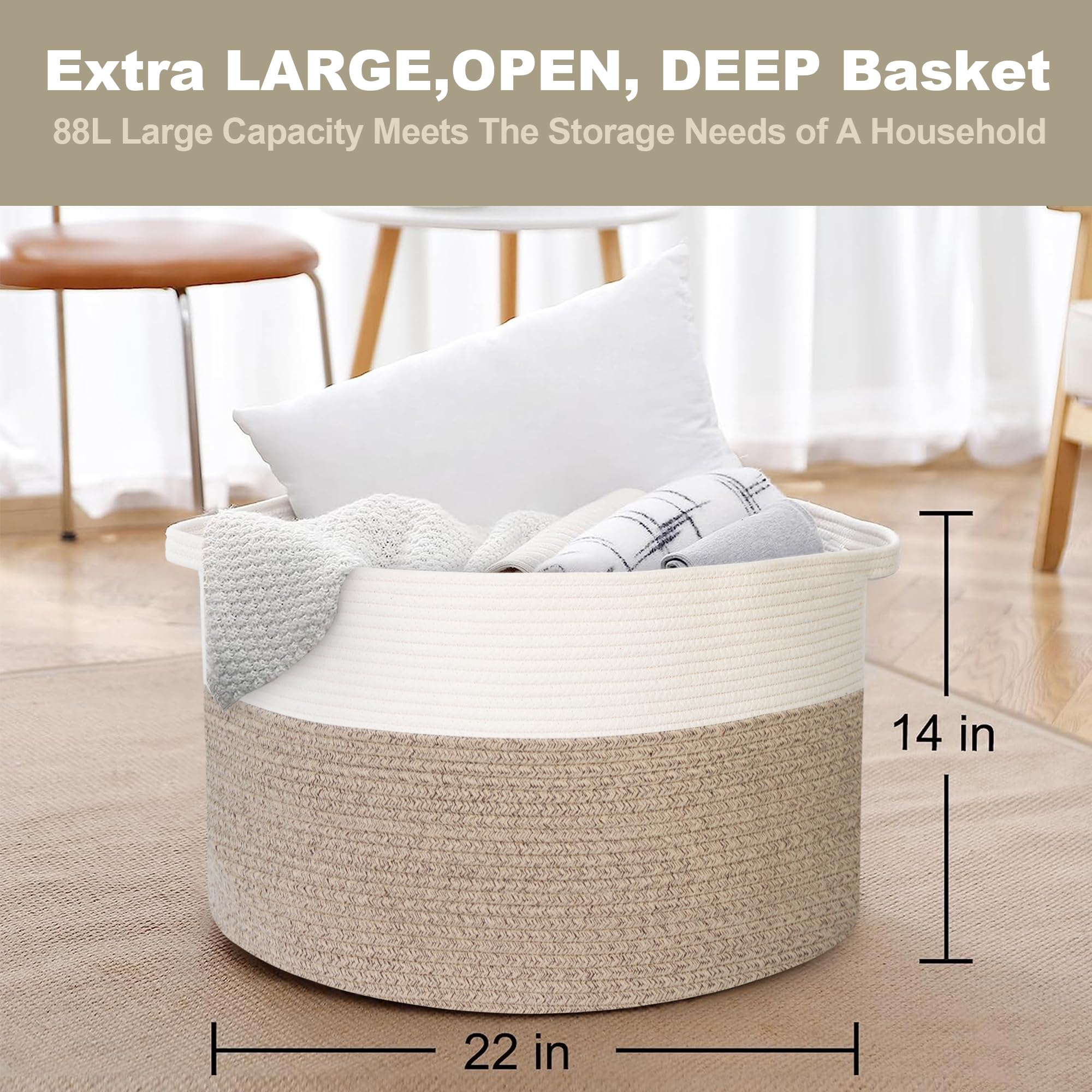 MEGASKET oversized basket storing blankets and pillows in bedroom.