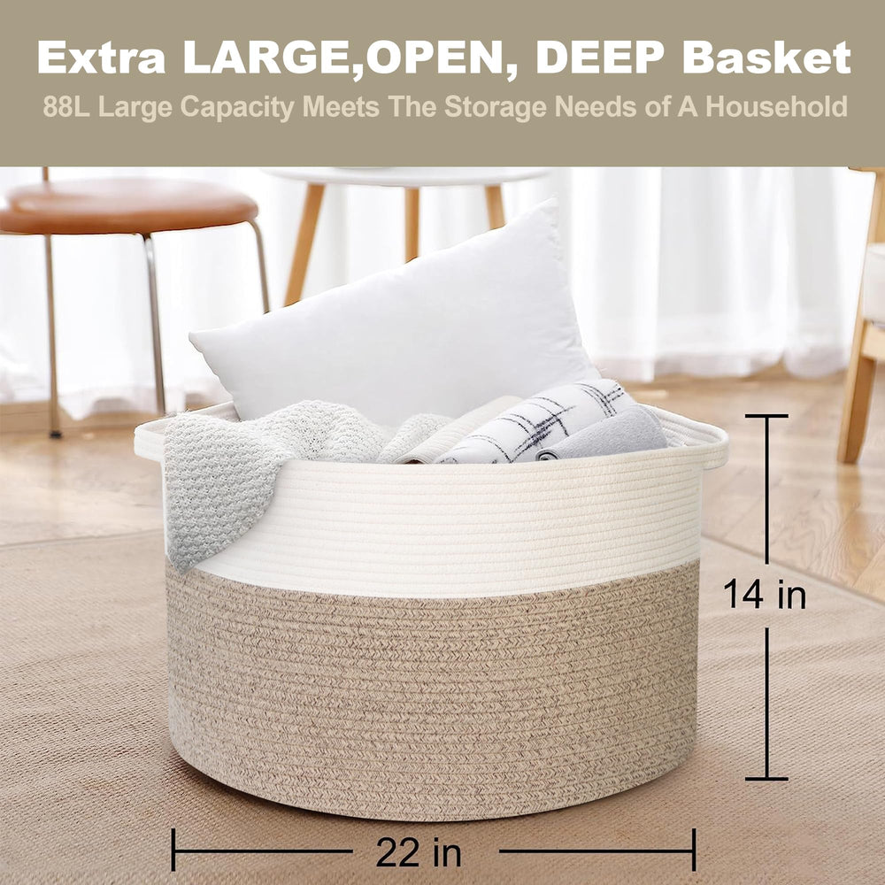 MEGASKET oversized basket storing blankets and pillows in bedroom.