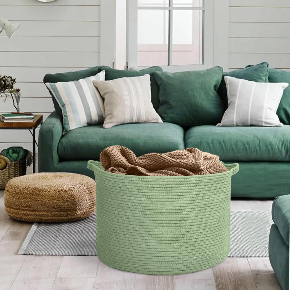 MEGASKET sage-green decor basket fits towels and bath storage.