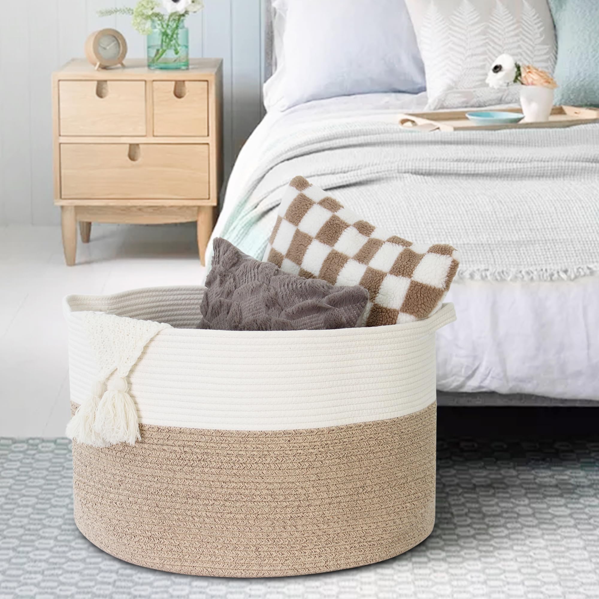 MEGASKET rope basket doubles as laundry hamper with sturdy handles.