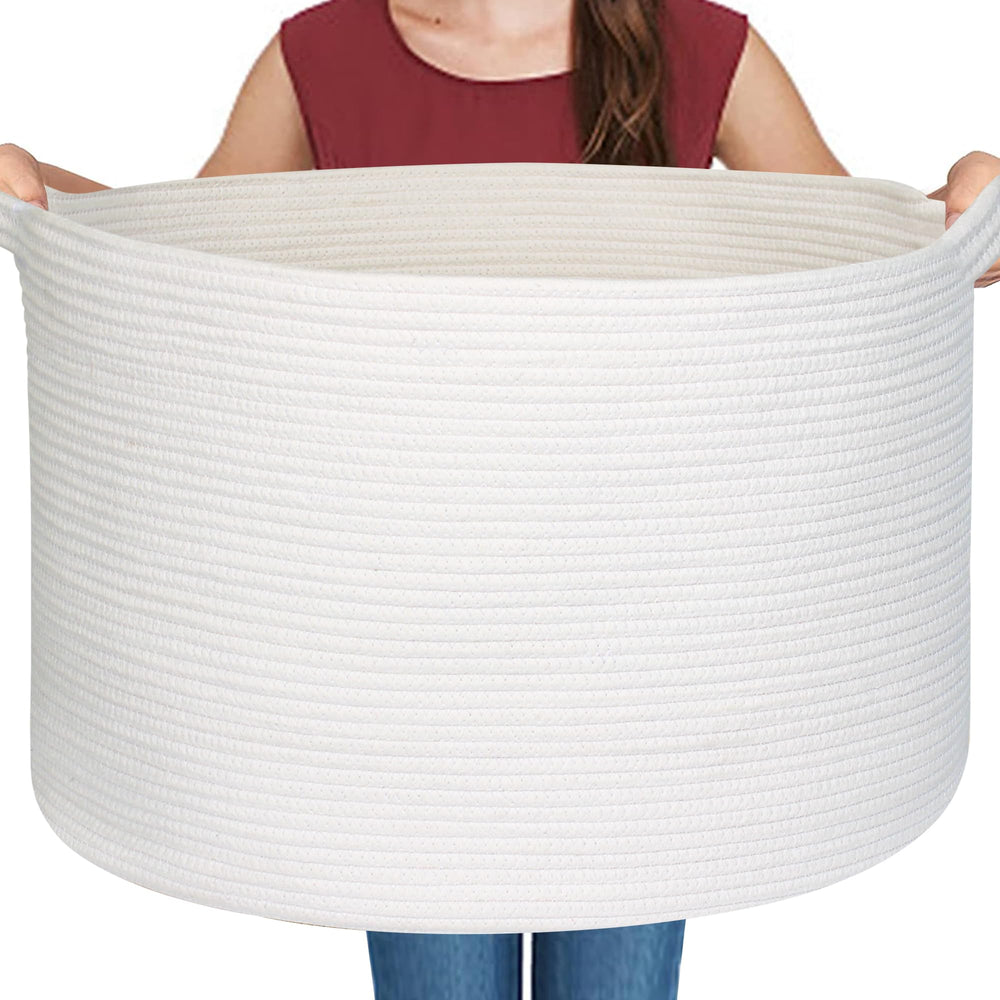 MEGASKET white cotton rope basket, front view, ideal blanket storage