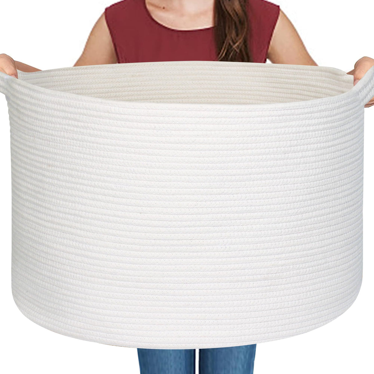 MEGASKET white cotton rope basket, front view, ideal blanket storage