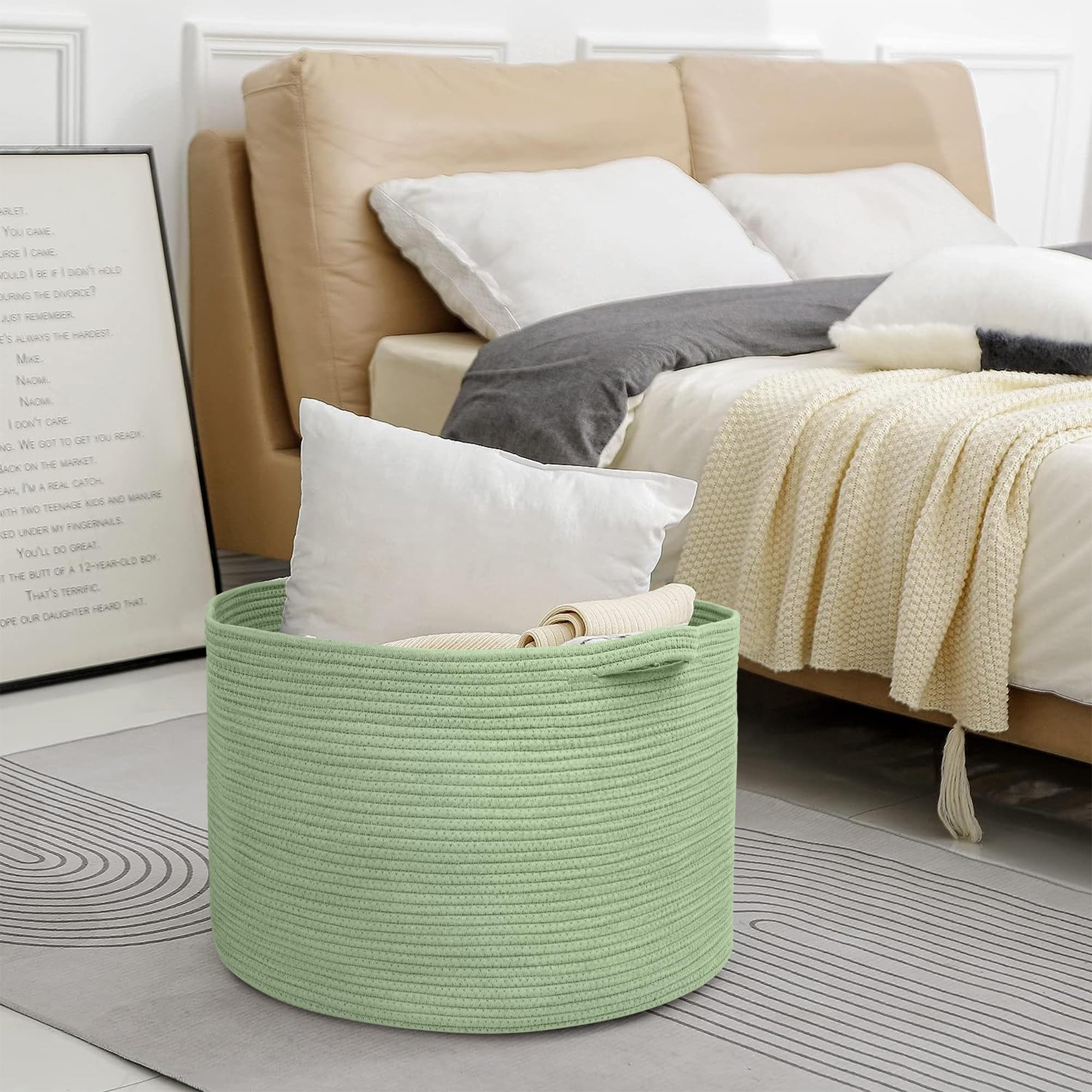 MEGASKET woven green basket suits laundry rooms and bedrooms.