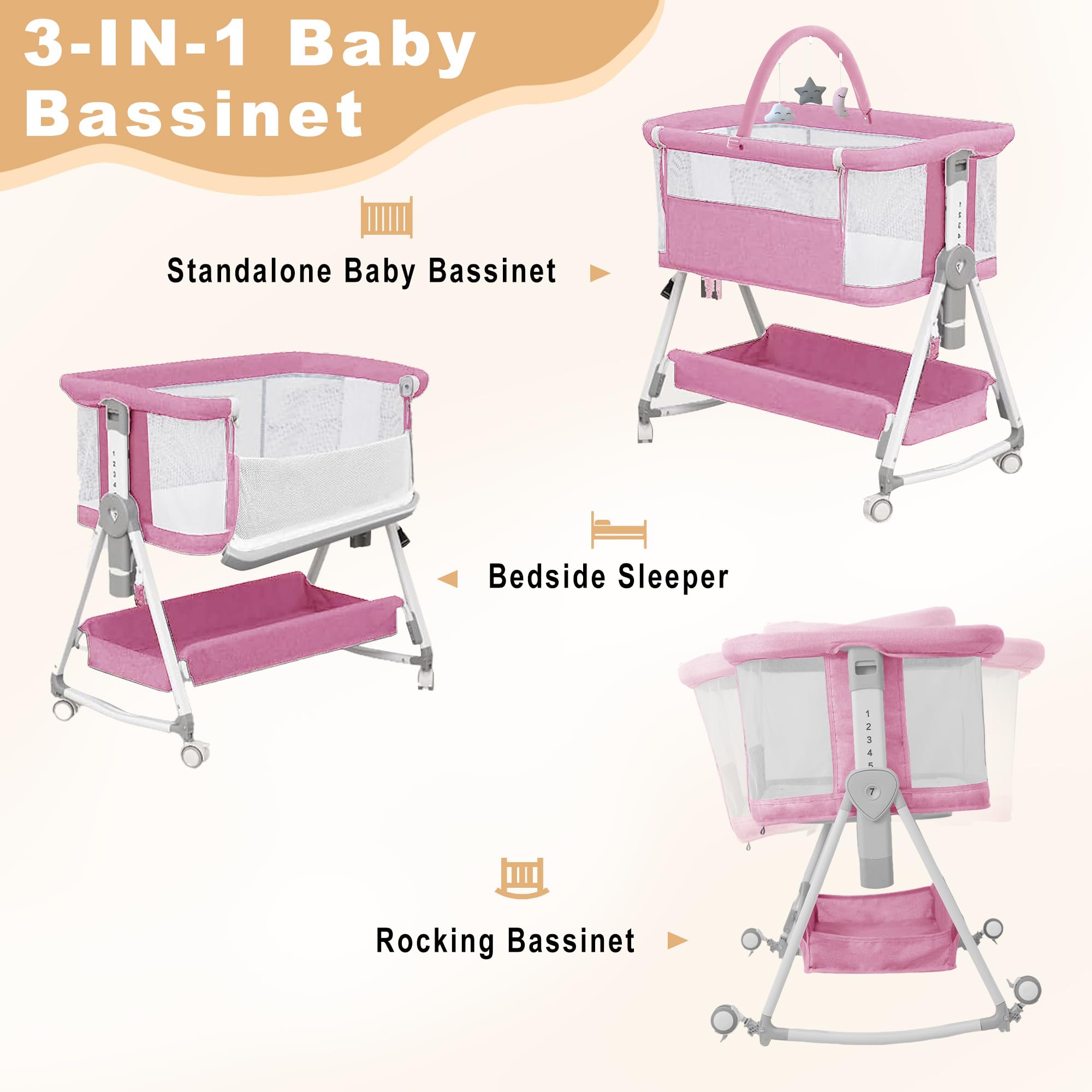 MEICHYUN bassinet 6-height adjustment fits different bed heights for night care