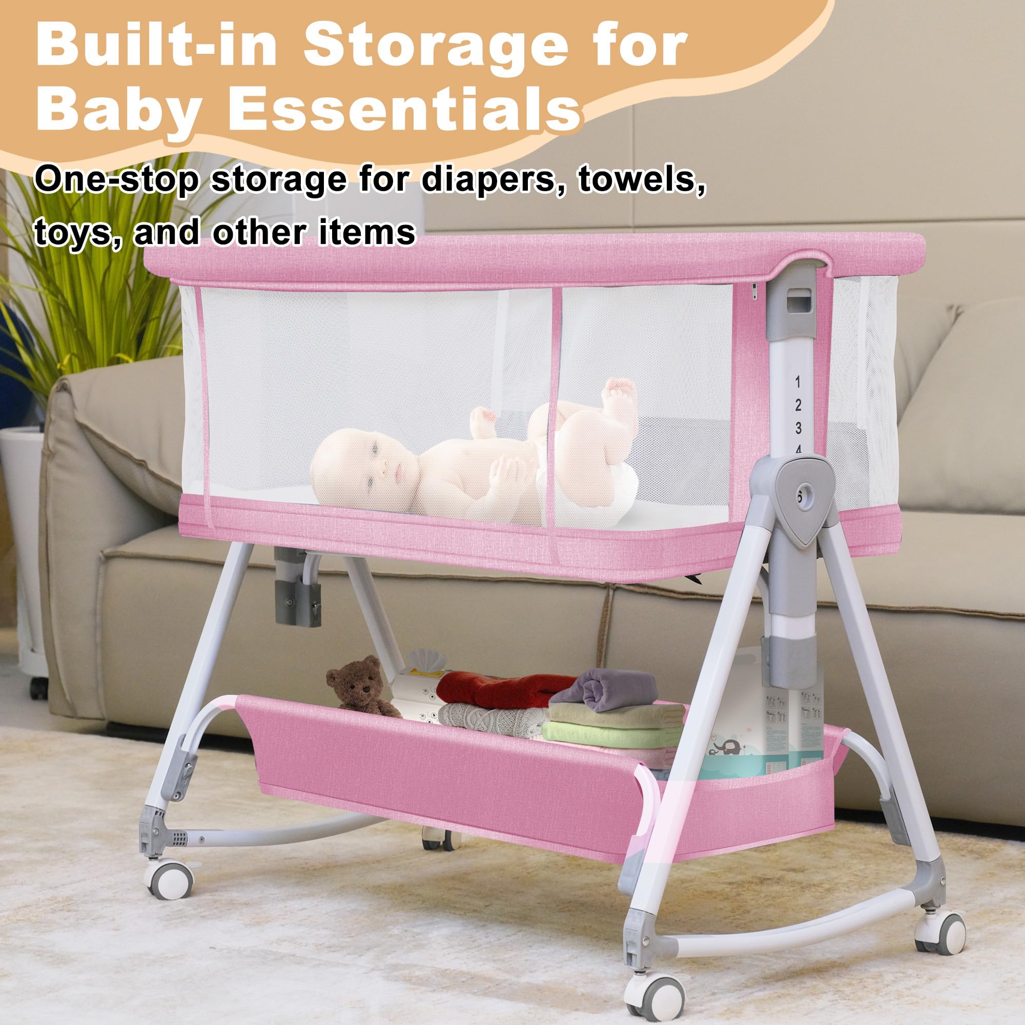 MEICHYUN bassinet’s wheels allow quiet room-to-room movement